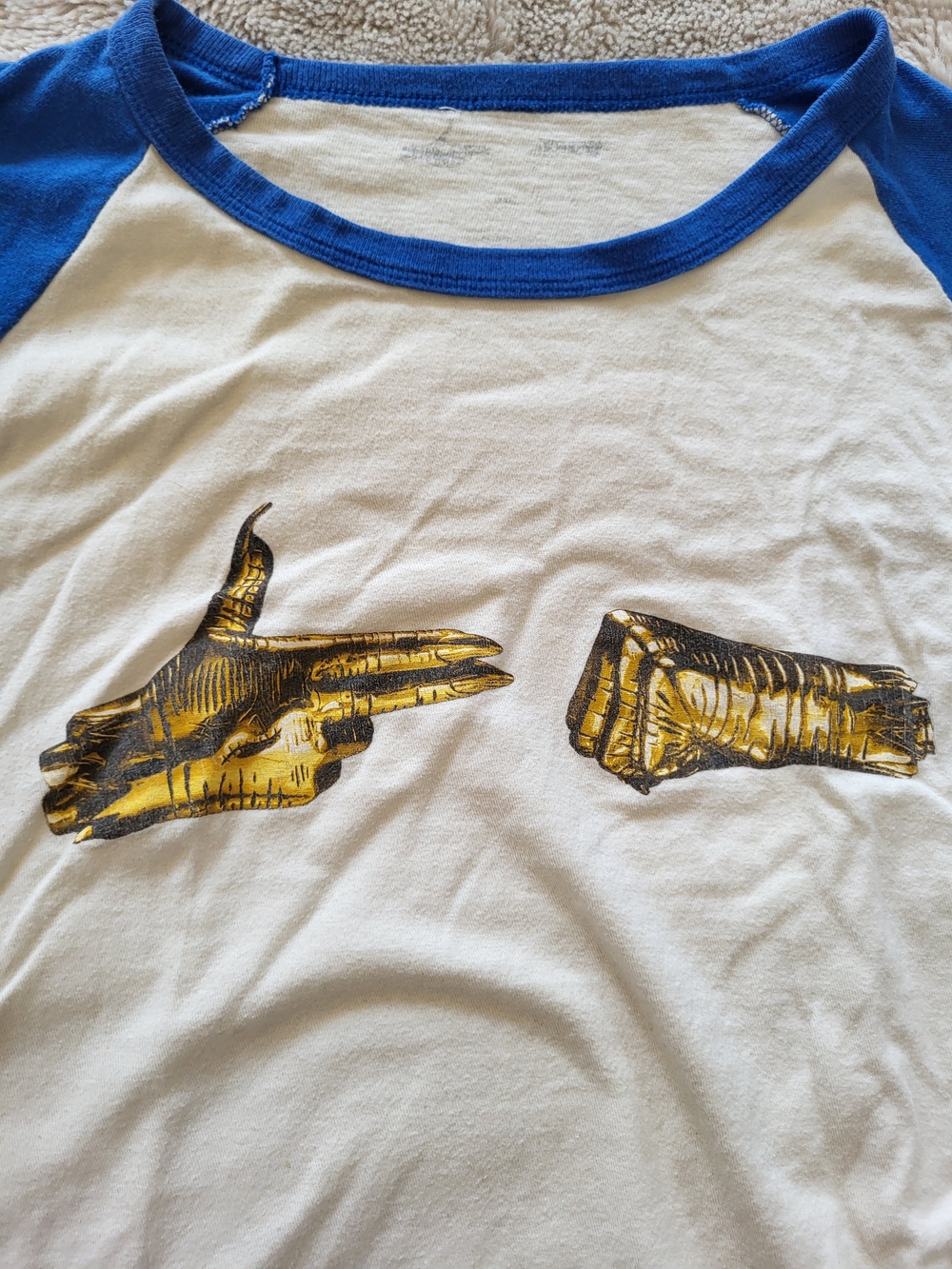 Run The Jewels III Official Merch White Tee with Blue Raglan Sleeves